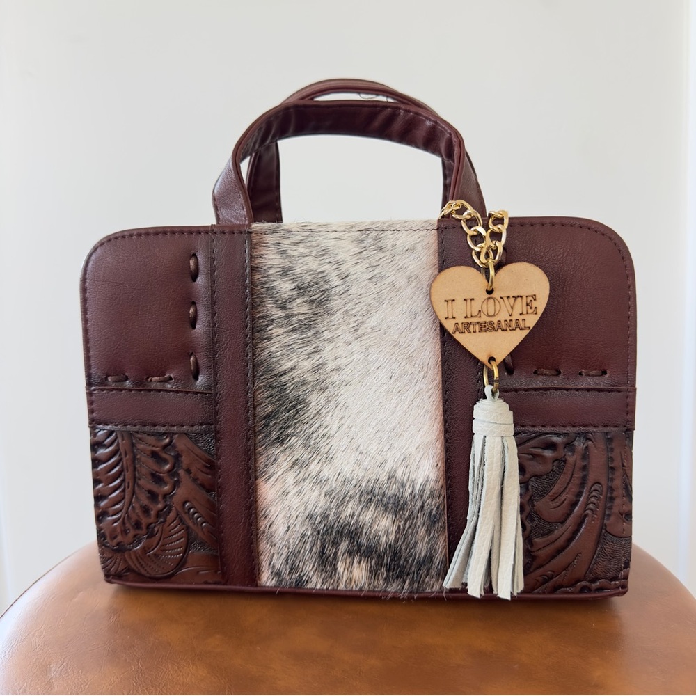 NWT Handmade Mexican Tooled Leather & Cowhide Small Box Crossbody Bag